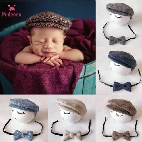 2020 Newborn Photo Props Baby Boys Beret Hat + Bow Tie Set Newborn Newborn Photography Props Gentleman Cap Photo Outfit