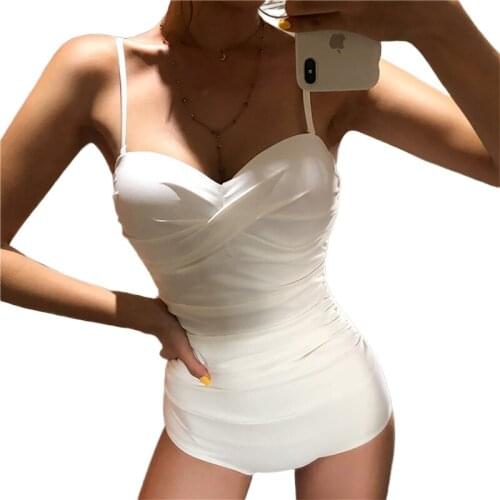 2021 Women Summer Swimwear Solid Color/Wave Dot Spaghetti Straps Padded Slim One-Piece Swimsuit for Girls Beachwear Monokini