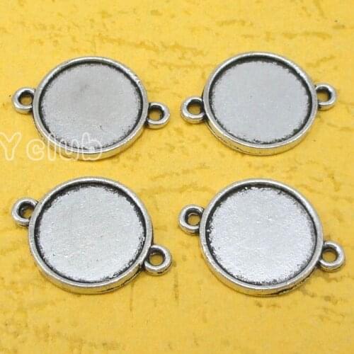 60pcs--Antique Silver Round Cameo Cabochon Base Setting Connector Charms, inner 14mm