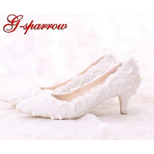 White Sweet Lace Bride Shoes Middle Heel Wedding Party Dancing Shoes Pointed Toe Formal Dress Shoes Woman Pumps Plus size 40-42