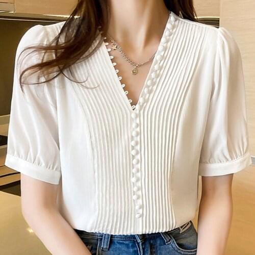 Blusas Mujer De Moda 2021 V-Neck Short Sleeve Chiffon Blouse White Shirt Women Blouses Pullover Woman Clothes Femme Ladies Tops