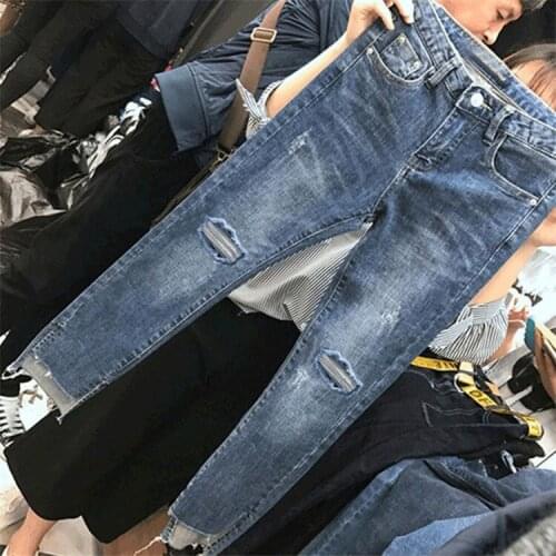Fat girls ladies Korean version plus size jeans womens high waist elastic slim hollow straight pants