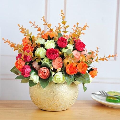 European Ceramic Vase+Simulation Flower Home Livingroom Desktop Furnishing Crafts Coffee Table Fake Bouquet Figurines Decoration