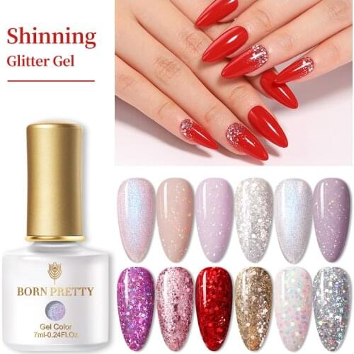 BORN PRETTY Glitter Sequins Gel Nail Polish 7ml Shining Semi-permanent Varnish Top Coat Soak Off UV Hybrid Gel Nail Art Design