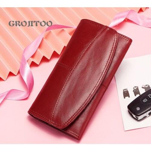 GROJITOO Genuine leather womens long wallet large capacity hand bag RFID card holder purse mobile phone bag for women