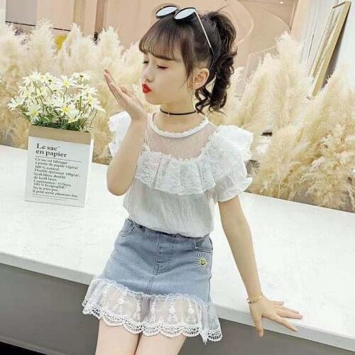Girl Clothing Set Summer 2020 Lace Floral Short Sleeve White T-Shirt Denim skirtClothes For 4 5 6 7 8 9 10 Year