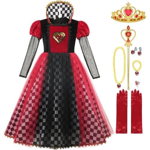 Red Queen of Hearts Halloween Party Cosplay Costume Kids Velvet Sequins Luxury Princess Dress For Girls Fancy Dress Up Vestido