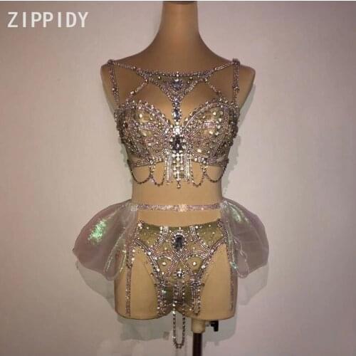 Flashing Silver Rhinestones Chain Bra Short Skirt Outfit Set Women Singer Stage Outfit Dance Prom Bar Outfit Set