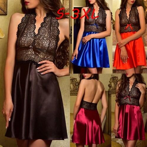 Sexy Silk Satin Night Dress Ladies Sleeveless Nighties V-neck Nightgown Plus Size Nightdress Lace Sleepwear Nightwear Women #W