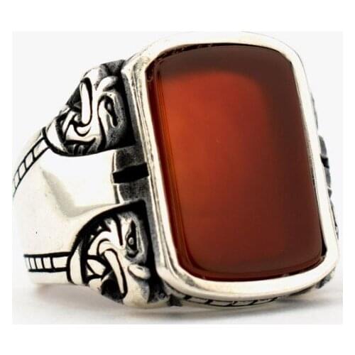 New Authentic Sterling Silver Antique Turkish Rectangle Agate Double Eagle Master Hand Ring Mens Rustic Hallmarked Male Jewelry