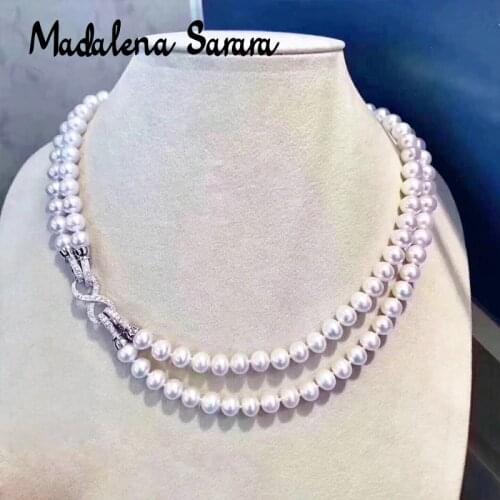 MADALENA SARARA AAA 7-8mm freshwater pearl necklace Two Rows bright Near White Women Jewelry