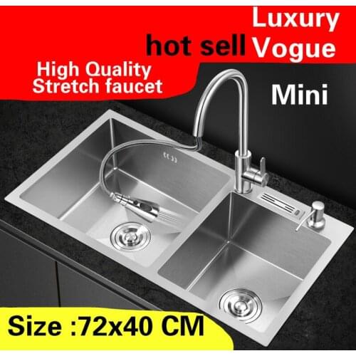Free shipping Apartment kitchen manual sink double groove stretch faucet wash vegetables 304 stainless steel hot sell 72x40 CM