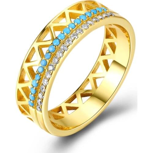 SILVERHOO Sterling Silver 925 Jewelry Women Rings Vintage Hollow Turquoise With 5A+ Zircon CZ Gold Ring Wedding Engagement Gift