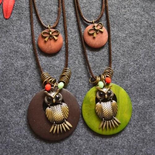 WEIYU Multilayer Sweater Necklace Long Necklace Owl Pendant Necklaces Bowknot Circle Wooden Pendant Necklace Vintage Jewelry