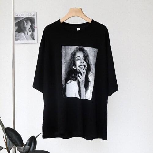 YYCZF 2021 New Summer Women Leisure T-Shirt Female Tops Cozy Prints Loose Oversize Long Cotton O-Neck Drop Shoulder Split Hem