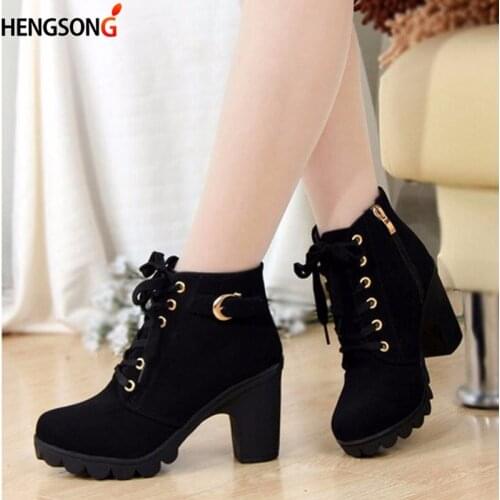 2019 New Autumn Winter Women Ankle Boots High Quality Solid Lace-up European Ladies Shoes PU Fashion High Heels Boots