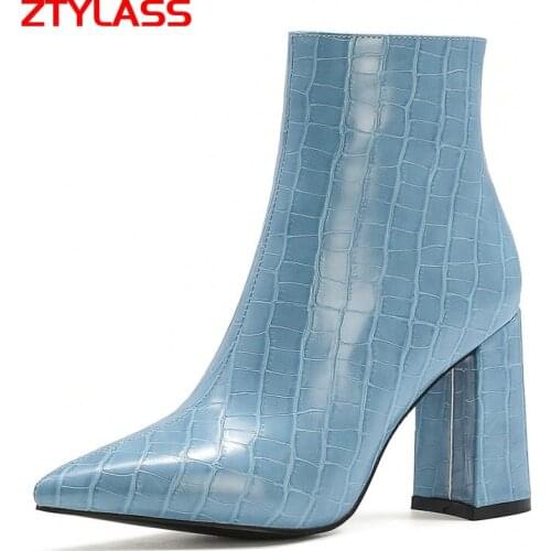 2021 Women Boots Stone pattern Ankle Boots Fashion Square High Heels Boots Pointed Toe Autumn Winter Shoes Black White Blue