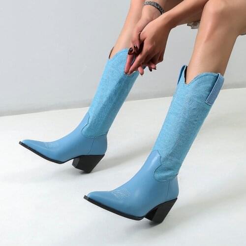 Lady Knee High Boots Spring Autumn Slip On Square High Heel Western Knight Boots Female Winter Splice Embroidered Womens Shoes