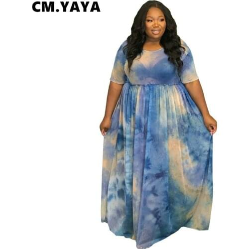 CM.YAYA Women Plus Size Print Short Sleeve O-neck Stretchy Loose Long Maxi Dresses Fashion Vestidos Casual Outfits Summer 2021