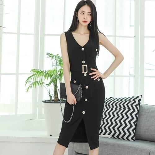 Women Summer Sleeveless Bodycon Dress Ladies Party Sexy Dress With Button Casual Work Wear Dress