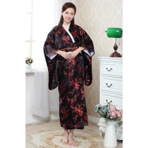 High Quanlity Black Red Japanese Womens Silk Kimono With Obi Noble Sexy Prom Gown Dress Dragon Phenix Pattern One Size