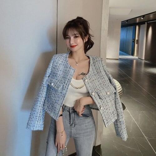2021 spring New retro fashion round neck French short Coat Female temperament fashion tweed blue Coat Women High-quality Jacket