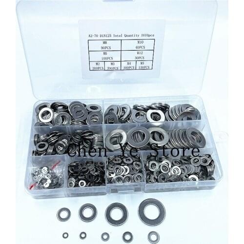 1010pcs Flat Washer Set Stainless Steel M2 M3 M4 M5 M6 M8 M10 M12 Ring Gaskets Kit Plain Washers Metal Washer Assortment Kit