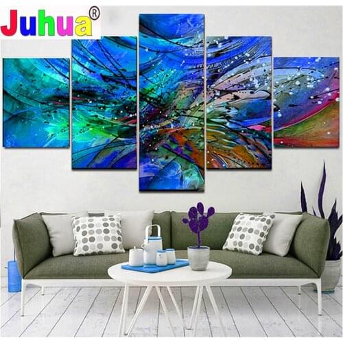 5 Panel Diamond Painting"Blue Abstract Line"Diamond Embroidery Multi-Panel Landscape Diamond Mosaic For Living Room Decor