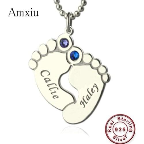Amxiu Custom Two Names 925 Sterling Silver Necklace with Birthstones Baby Feet Pendant Necklace Personalized Jewelry For Mother