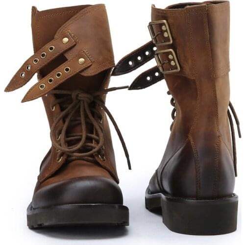 Autumn Winter Warm Handmade Retro Genuine Leather Boots Men New Round Toe Buckle Lace Up Outdoor Motorcycle Boots Male