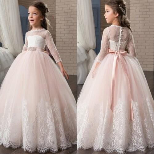 New Arrival Kids Flower Girl Dresses for Wedding Long Sleeve First Communion Dresses Appliques O-neck Lace Up Bow Sash Vestidos