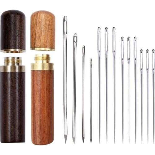KAOBUY 15PCS Stitching Needles Big Eye Hand Sewing Leather Stitching Needle Fabric Cross Sewing Needles Wooden Needle Case
