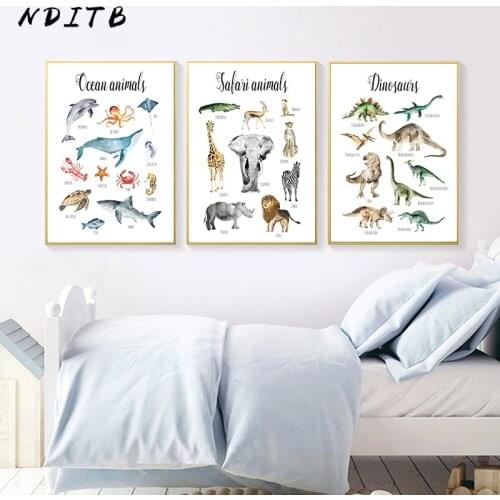 Dinosaurs Ocean Animal Chart Learning Painting Nursery Canvas Wall Art Child Poster Print Education Picture Baby Kid Room Decor