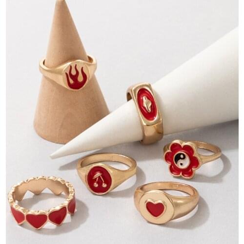 Tocona 6pcs/sets Tai Chi Heart Cute Ring Sets for Women Charms Red Dripping Oil Fire Gold Alloy Metal Party Jewelry Anillo 19792