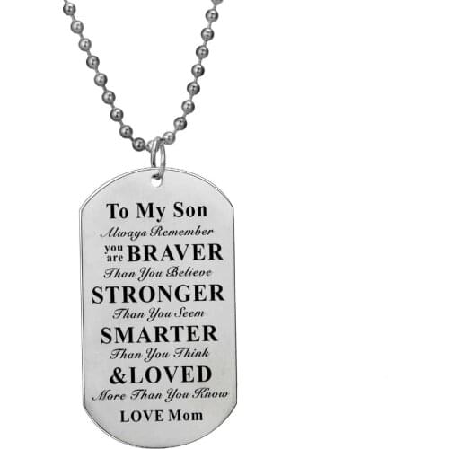 To My Son You Are Braver Stronger Smarter Love Mom Inspirational Charm Necklace Stainless Steel Dog Tag Jewelry Kids Boy Gift