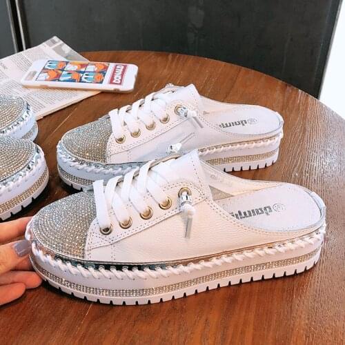 Lace Up Summer Slippers Women mules shoes Baotou Platform Wedge High Heels Slides Lady Sandals thick bottom Rhinestone slippers