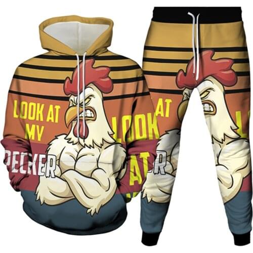 Men Fashion Cartoon Tracksuit Autumn Hoodies+Trousers 2PcSet Women Leisure Mr Chicken Print Clothes Suit Teen Outfits Sportwear
