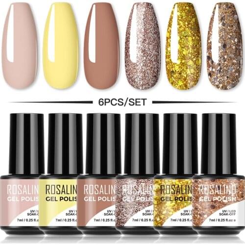 ROSALIND 4/6PCS Nail Gel Set For Manicure Nails Art Design Glitter Color Gel Lacquer Soak Off Semi Permanent UV Gellak Kit
