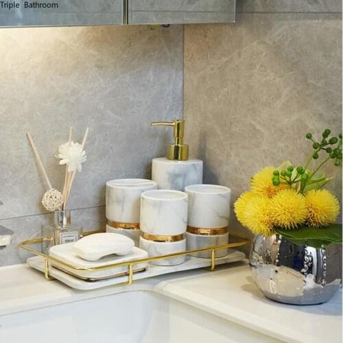 European Upscale Ceramic Bathroom Accessory Set Marble Soap dispenser gargle cup Toothbrush Holder Soap Dish Household wash set