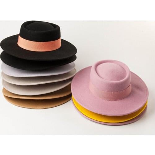 The new ring-shaped flat-top wool felt big eaves Bowler hat ladies spring and autumn and winter fashion flat-top woolen hat