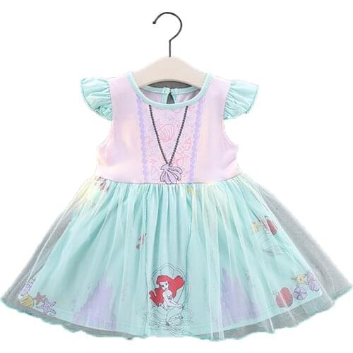 Girls Little Mermaid Ariel Princess Dress Cartoon Printed Cotton Clothing For Children Halloween Cosplay Costumes Dress