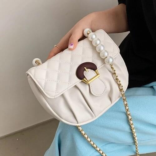 Luxury Brand Pleated Saddle bag 2021 New High-quality PU Leather Womens Designer Handbag Pearl Chain Shoulder Messenger Bag
