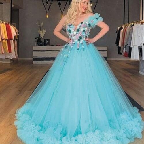 SuperKimJo Blue Floral Prom Dresses Ball Gown Handmade Flowers Elegant Princess Prom Gowns Vestido De Longo