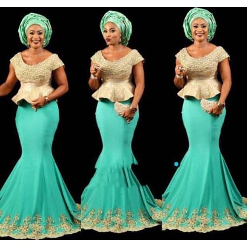 Green With Gold Mermaid African Peplum Long Gowns Beaded Pearls Nigeria Formal Evening Party Dresses Plus Size 2020