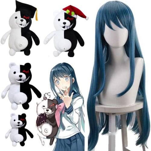 Danganronpa Maizono Sayaka Cosplay Wigs for Women Sayaka Maizono 80cm Long Straight Blue Heat Resistant Synthetic Hair Bear Toy