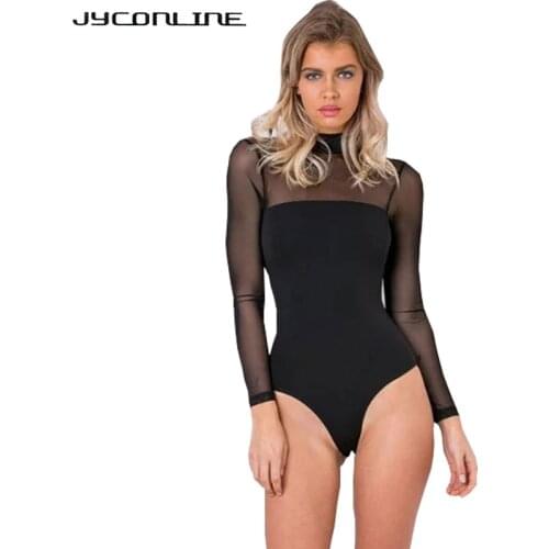 JYConline 2017 Sexy Bodysuit Women Jumpsuit And Rompers Long Sleeve Mesh Patchwork Body Top Playsuits Overalls Combinaison Femme