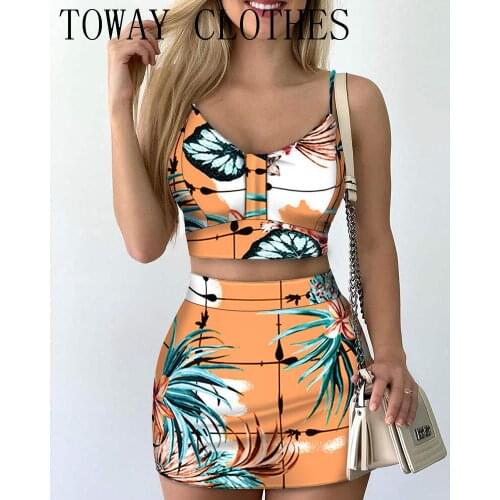 Floral Print Spaghetti Strap Crop Top & Skirts Sets Summer Women 2PC Set Vacation