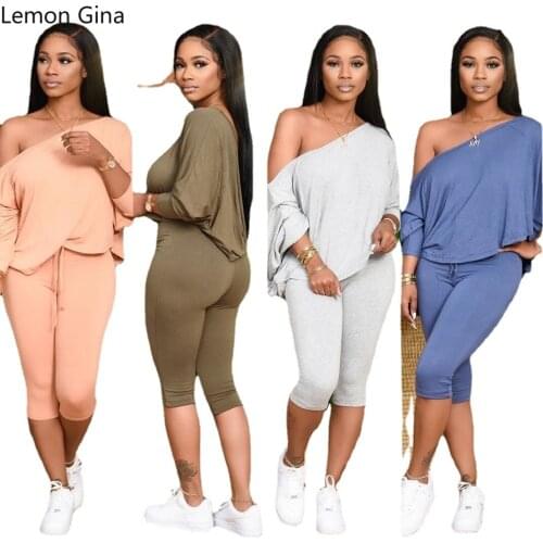 CM.YAYA Womens Set Long Sleeve Off Shoulder Top Mid-calf Length Pants Suit Active Wear Tracksuit Two Piece Set Fitness Outfit