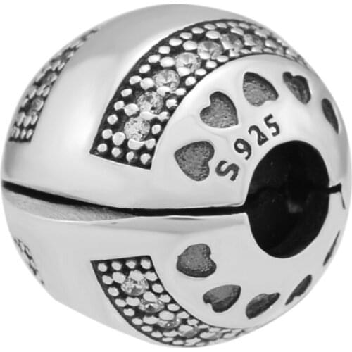 Logo Hearts Clip Clear CZ Fashion Female Jewelry Fits European Bracelets 925 Sterling Silver Jewelry For Jewelry Making