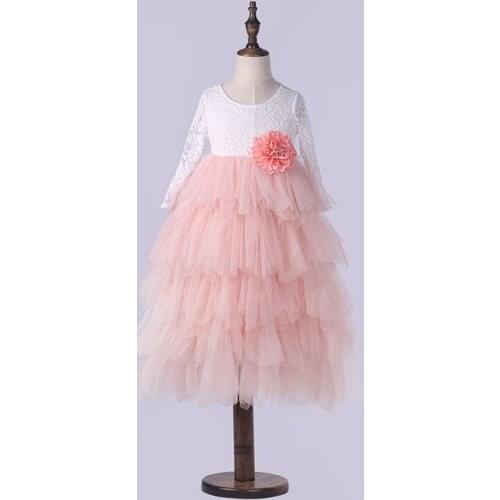 2017 Summer New Korean Graceful Girls Lace Long Sleeved Flower Dresses Children Pearl Princess Party Dress Wear with Brooch